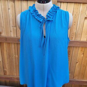 CeCe ruffle tie neck blue textured sleeveless top large